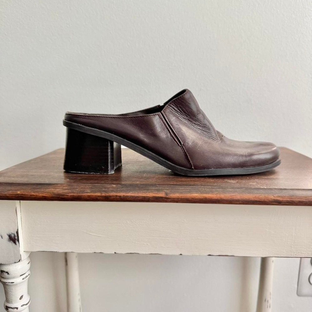 Vintage 90s brown leather mule size 9 square toe slide slip on minimal block